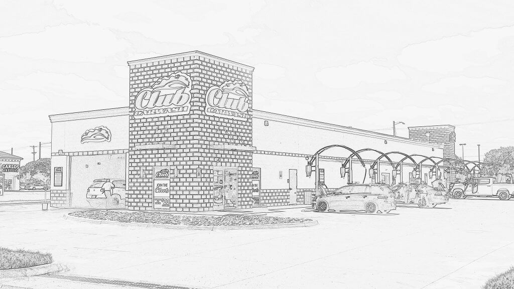 architecture pencil drawing of club car wash location from front