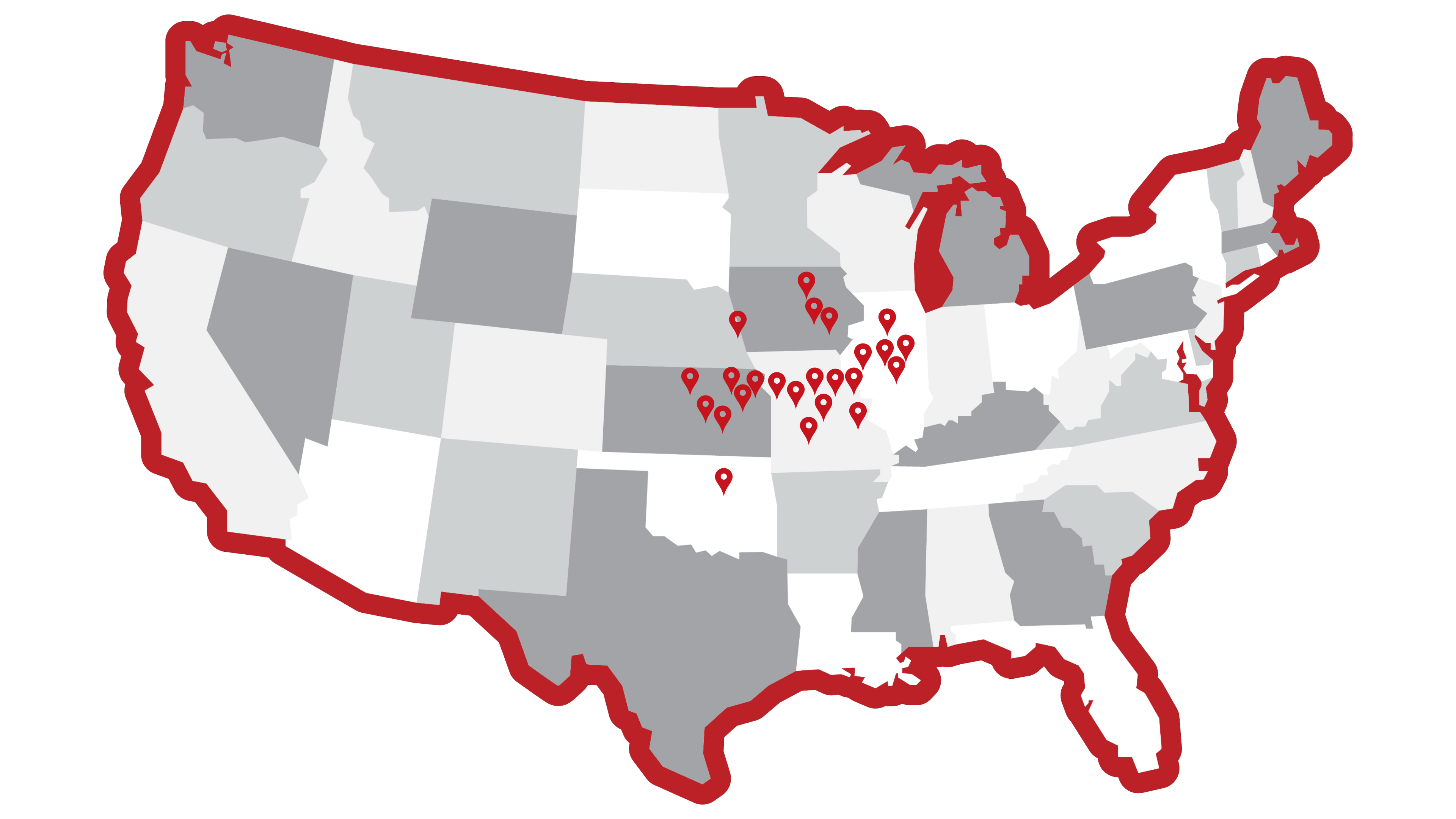 United States map with markers on cities with Club Car Wash locations